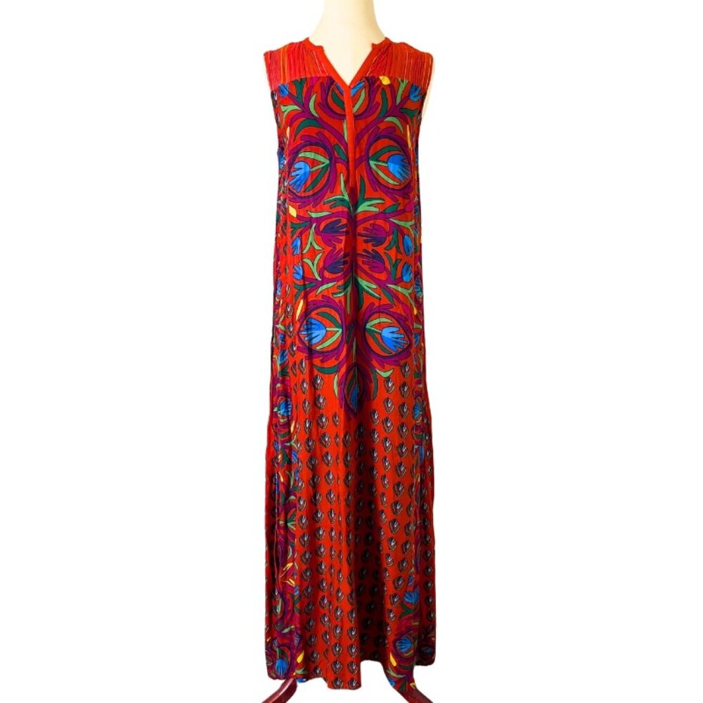 Boho Inspired Orange A-Line Maxi Dress with Abstract Floral Print Size Small